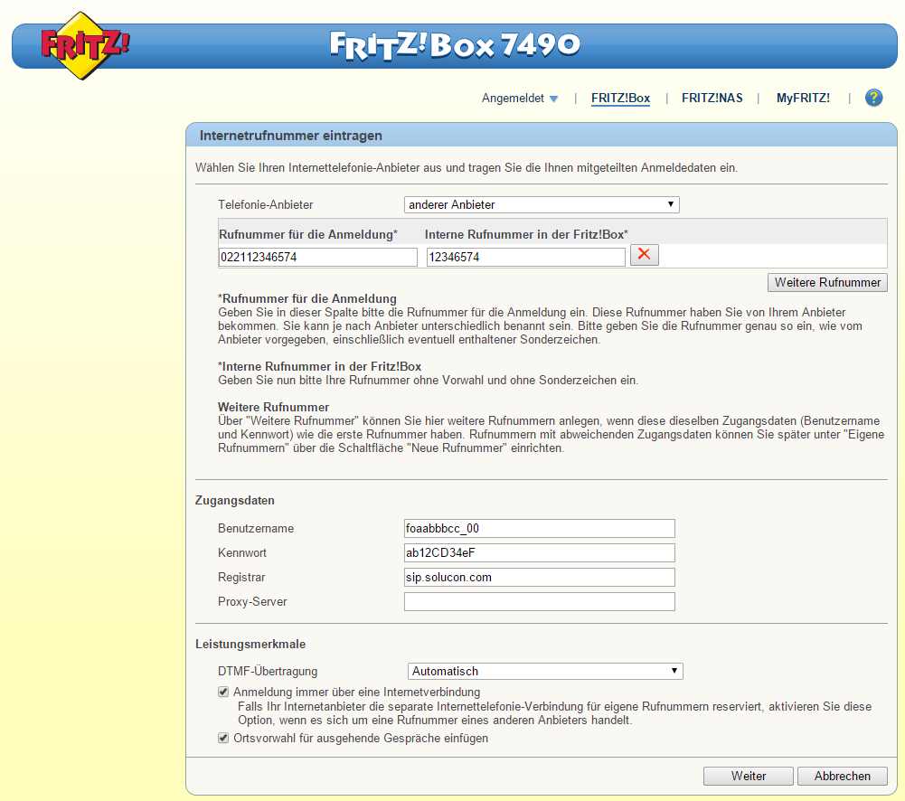 Fritzbox 7490 Internetrufnummer eintragen