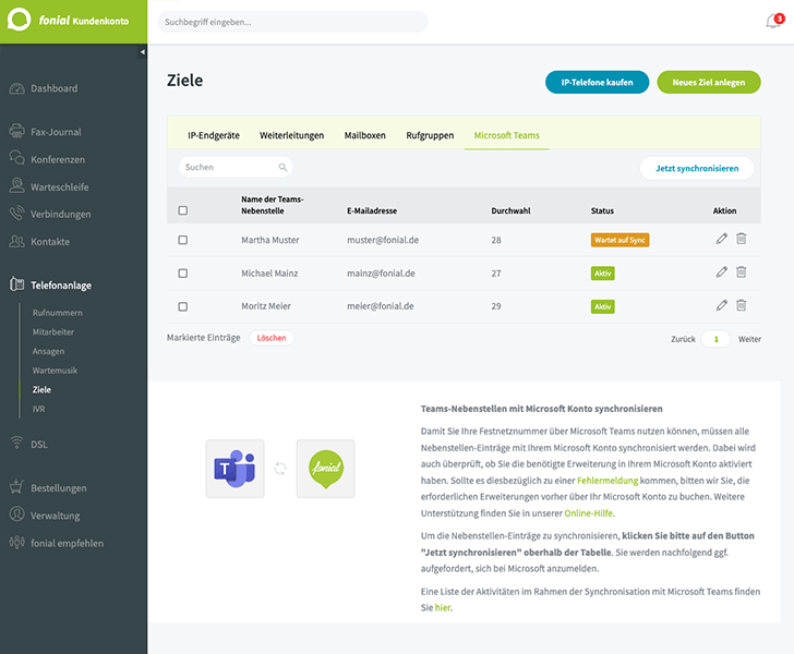 fonial Kundenkonto: Microsoft Teams