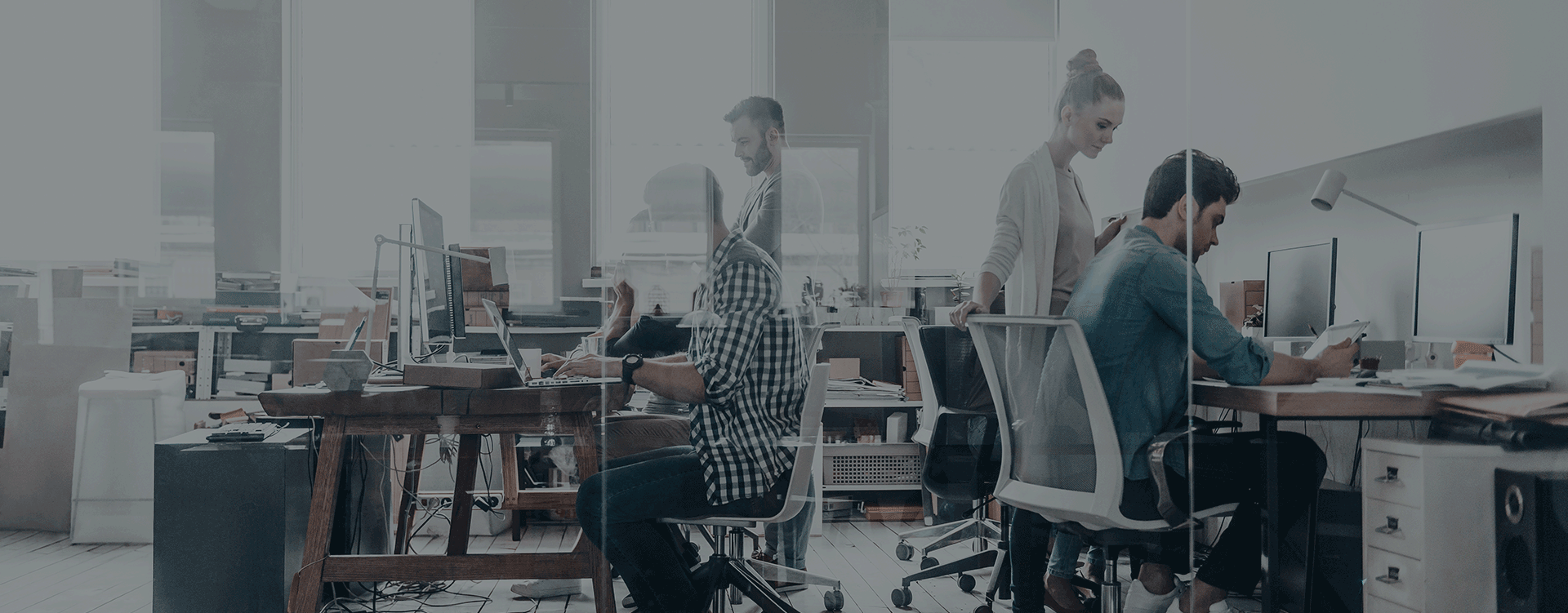Header Personen arbeiten an Laptops im Büro